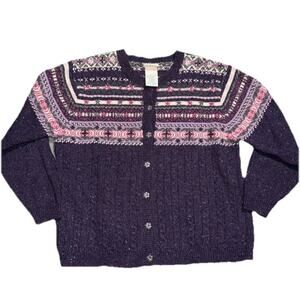 VTG Northern Reflections Women's Sweater Cardigan Floral Wool Blend Sz L Purple